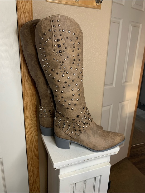 None Shoes - WESTERN Brown Knee-High Heeled Studded Boots for Women
